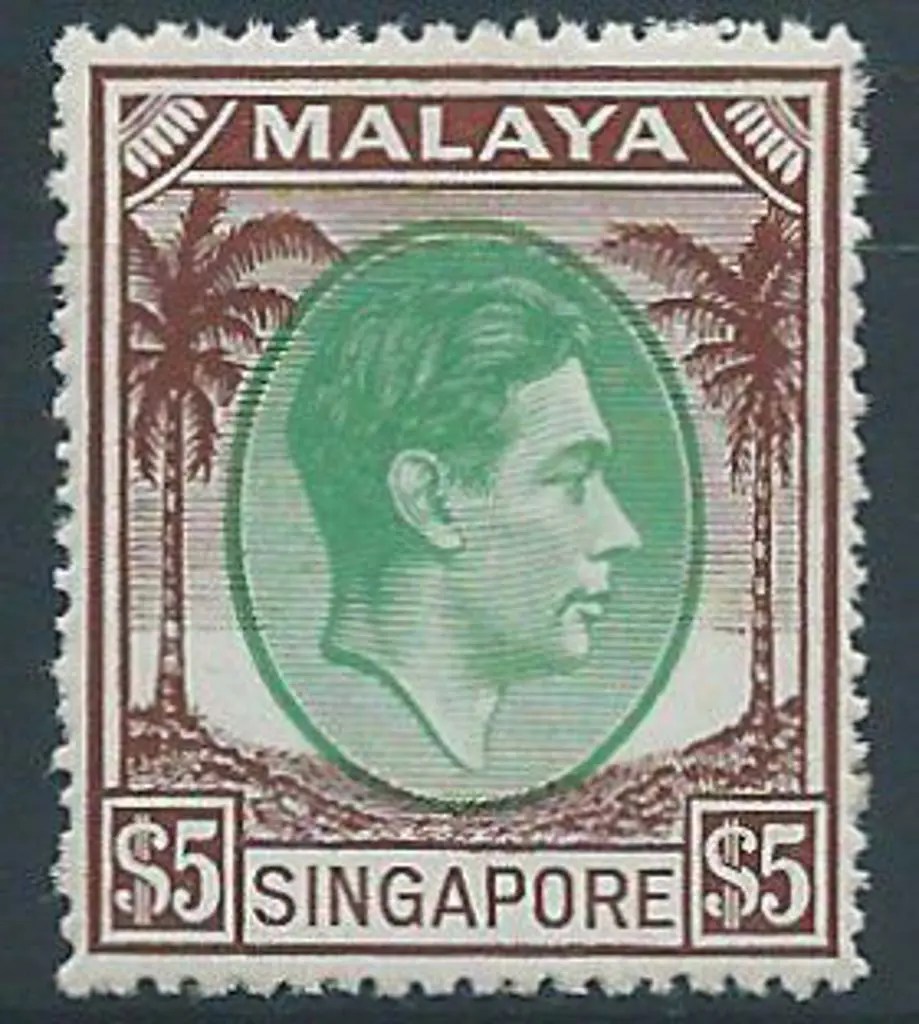 Singapore 1951 $5 green & brown KGVI perf. 17½x18. ... Image 1++