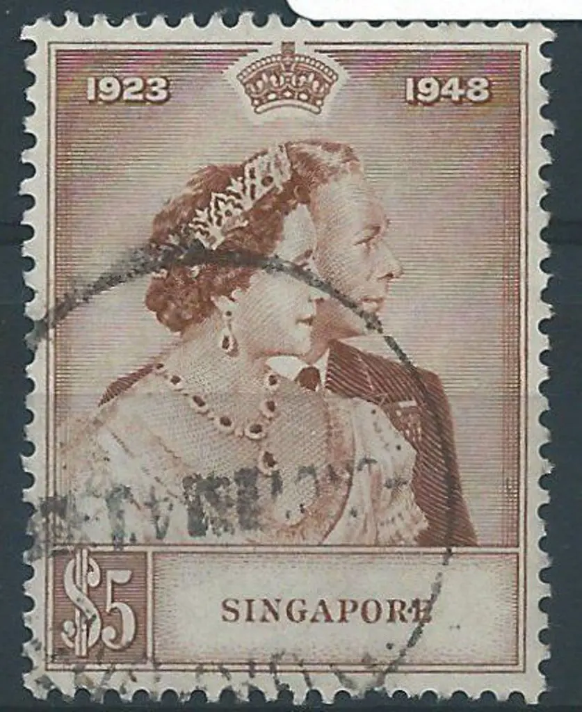 Singapore 1948 $5 Silver Wedding F/U with genuine ... Image 1++