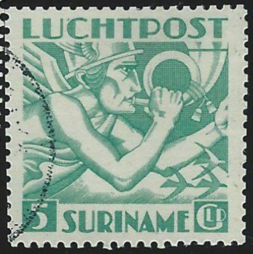 Suriname 1941 5g blue-green airmail. Lightly used. ... Image 1++
