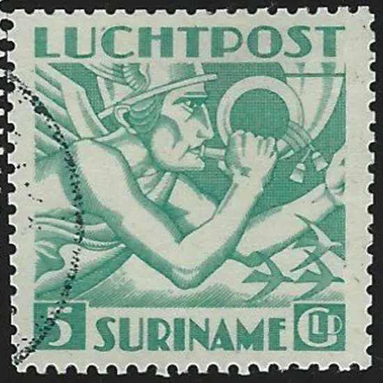 Suriname 1941 5g blue-green airmail. Lightly used. ...