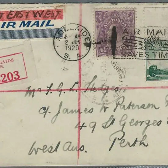 1929 (2nd June) Adelaide-Perth bearing red ...