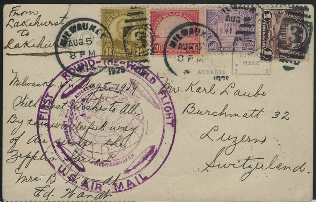 1929 (5th Aug) Zeppelin flown postcard with "FIRST ... Image 1++