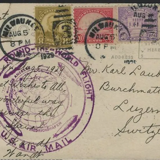1929 (5th Aug) Zeppelin flown postcard with "FIRST ...