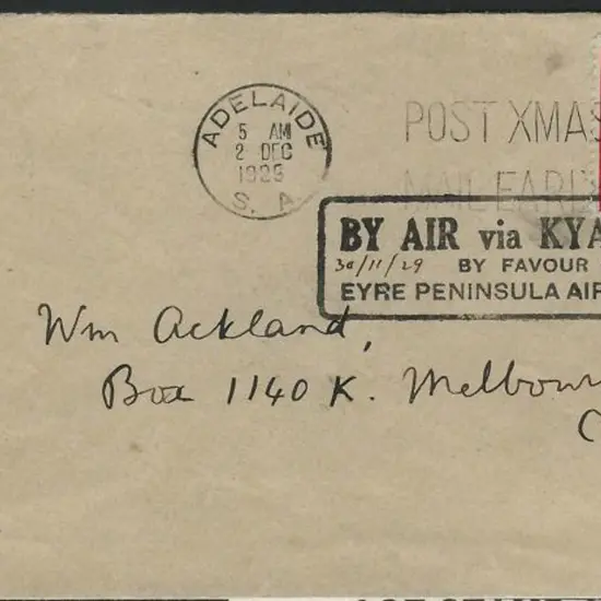 1929 (30th Nov) Streaky Bay to Adelaide cover ...