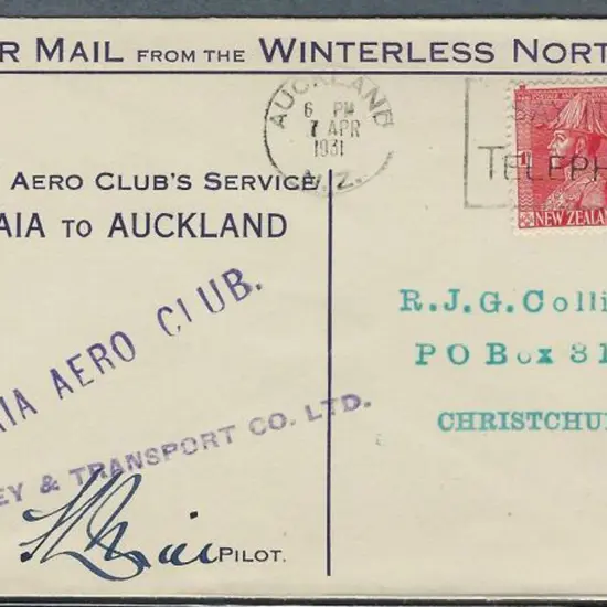 1931 (7th Apr) Kaitaia to Auckland flight cover ...