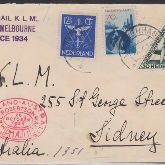 1934 (20th Oct) Holland to Australia cover carried ...