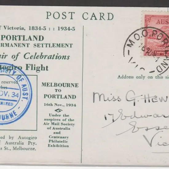 1934 (16th Nov) Melbourne to Portland flown ...