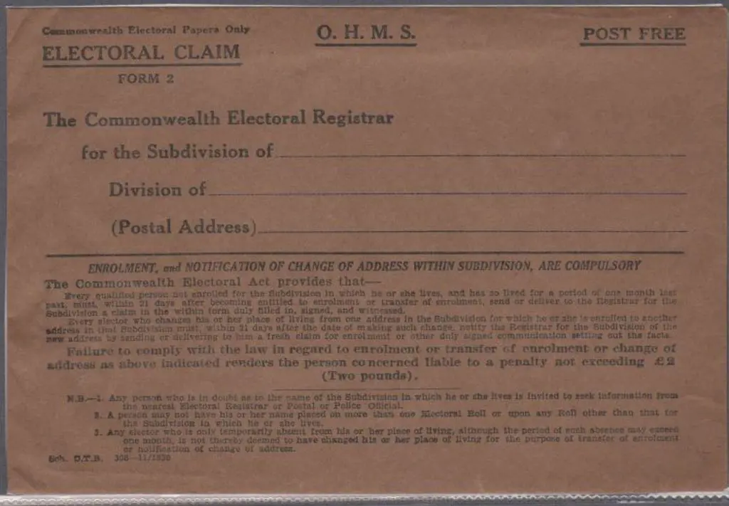 1930 Commonwealth Electoral Claim Form envelope. ... Image 1++