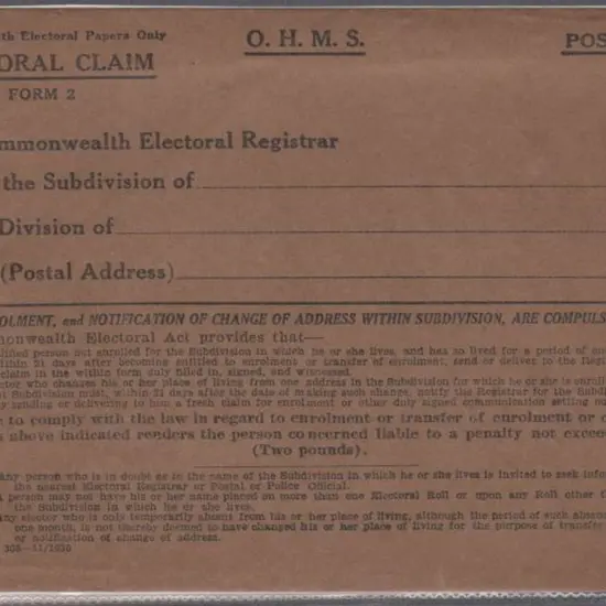 1930 Commonwealth Electoral Claim Form envelope. ...
