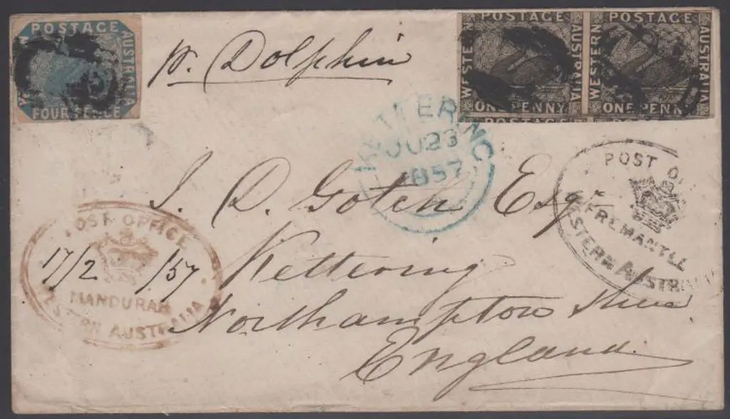 1857 cover to England via "P. Dolphin" with 1d ... Image 1++