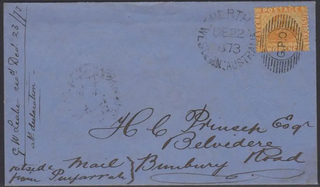 1873 Perth to Bunbury letter with 2d chrome yellow ... Image 1++