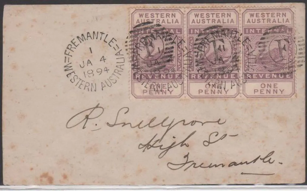 1894 (4th Jan) Fremantle local cover with strip of ... Image 1++