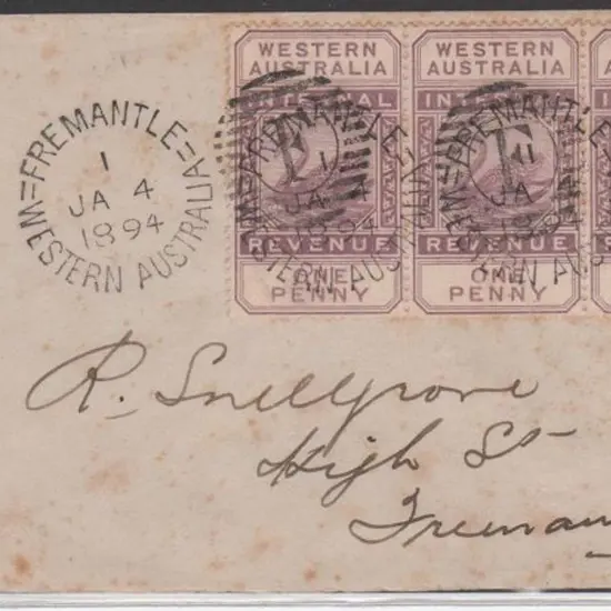 1894 (4th Jan) Fremantle local cover with strip of ...