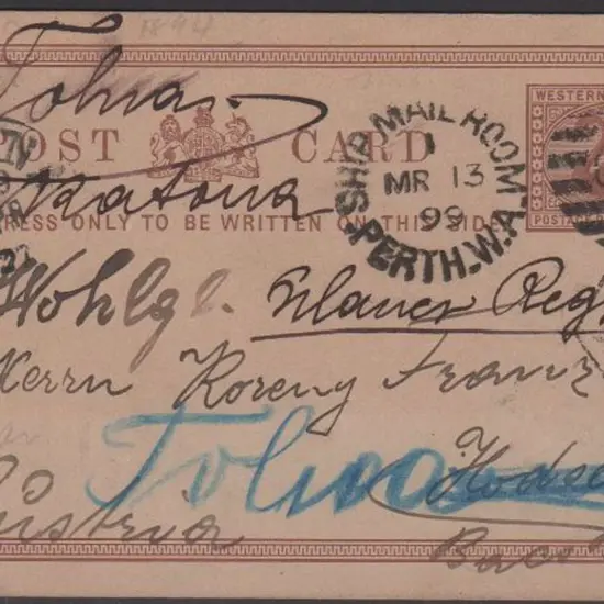 1899 (13th March) 1d brown postcard with Ship Mail ...