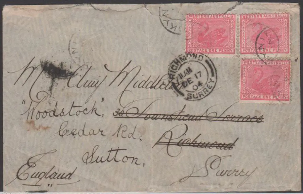 1904 (4th Nov) cover to England with 3 x 1d red ... Image 1++