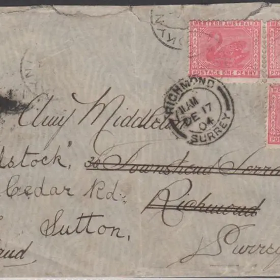 1904 (4th Nov) cover to England with 3 x 1d red ...
