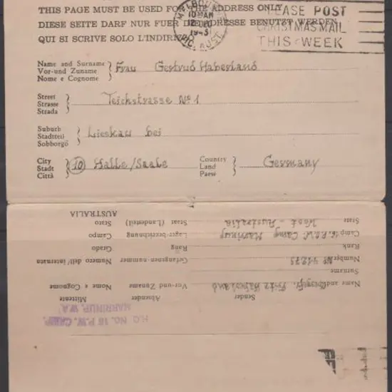 1945 WA/German POW mail with "H.Q. No.16 POW CAMP ...