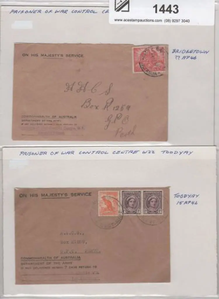 1946 WA Military covers with one from POW Control ... Image 1++