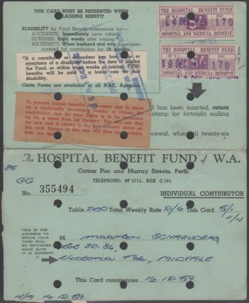 1959/60 Hospitals Benefit Fund of WA payment card ... Image 1++