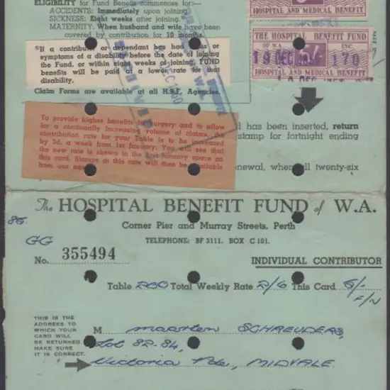 1959/60 Hospitals Benefit Fund of WA payment card ...