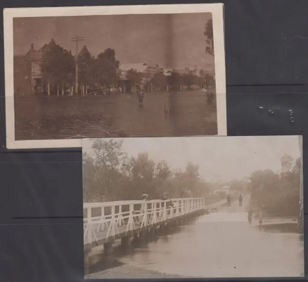 "Moora floods" c1910. Two anonymous B&W postcards ... Image 1++