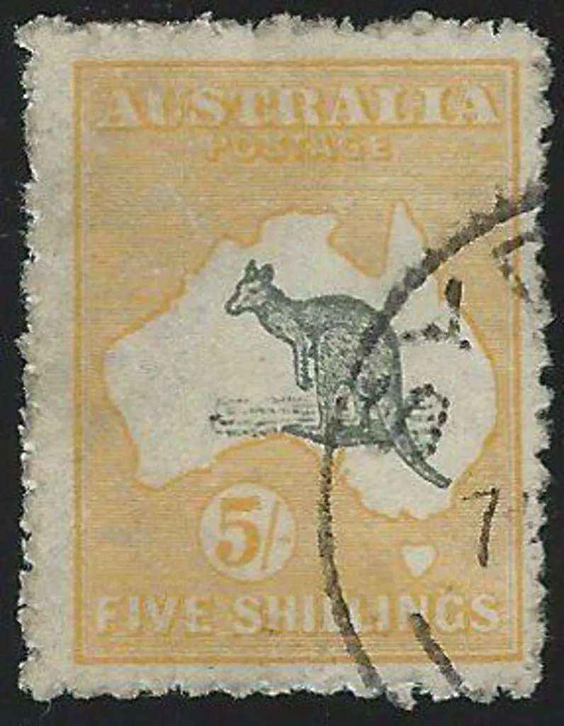 1915 2nd wmk 5/- grey & yellow with partial cds. ... Image 1++