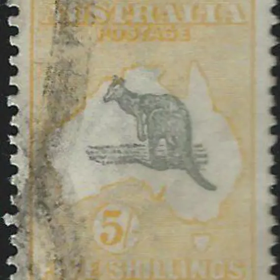 1915-28 3rd wmk 5/- grey & yellow with "rat-faced ...