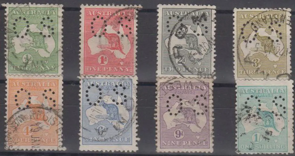 1913 ½d to 1/- kangaroos (excl. 2½d & 5d) perfined ... Image 1++