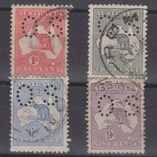 1913 ½d to 1/- kangaroos (excl. 2½d & 5d) perfined ...