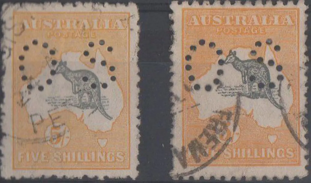 1915 5/- kangaroos, 2nd wmk, in both catalogued ... Image 1++