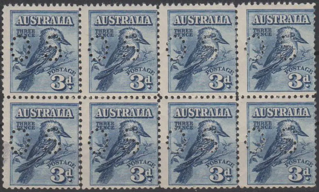1928 3d Kookaburra perfined "OS" block of 8 MUH. ... Image 1++