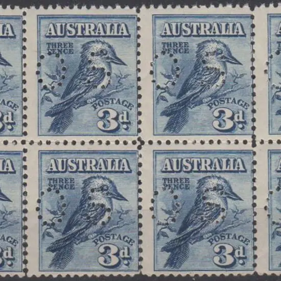 1928 3d Kookaburra perfined "OS" block of 8 MUH. ...