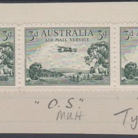 1929 3d green Airmail, type B, perfined "OS" strip ...