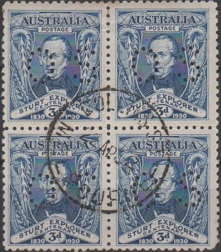 1930 3d Sturt perfined small "OS" CTO block of 4. ... Image 1++