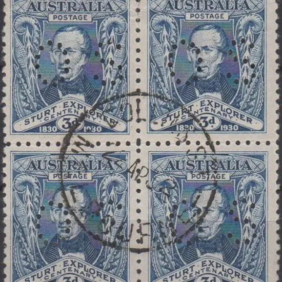 1930 3d Sturt perfined small "OS" CTO block of 4. ...