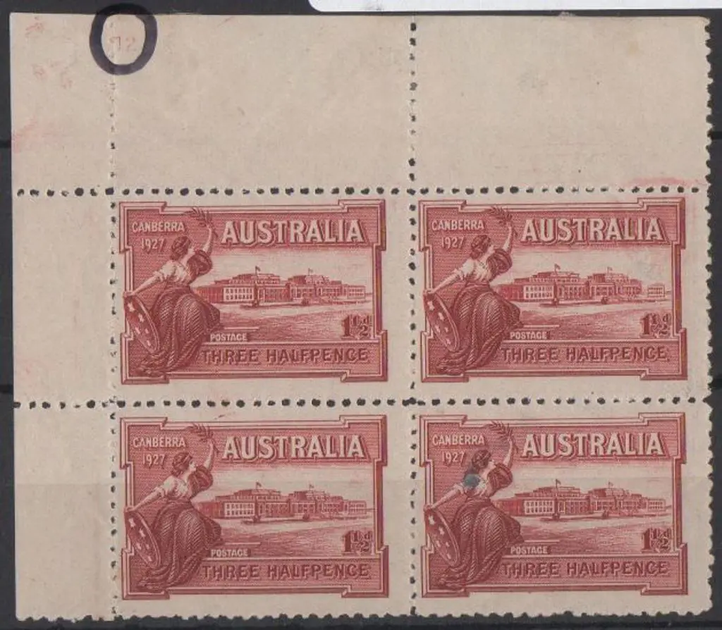 1927 1½d Parliament House top left corner marginal ... Image 1++