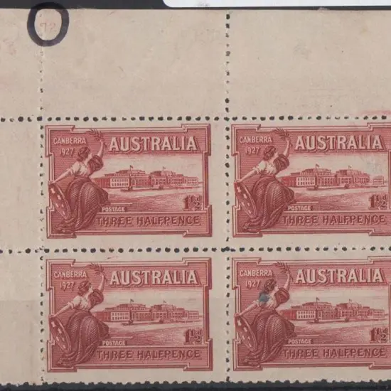 1927 1½d Parliament House top left corner marginal ...