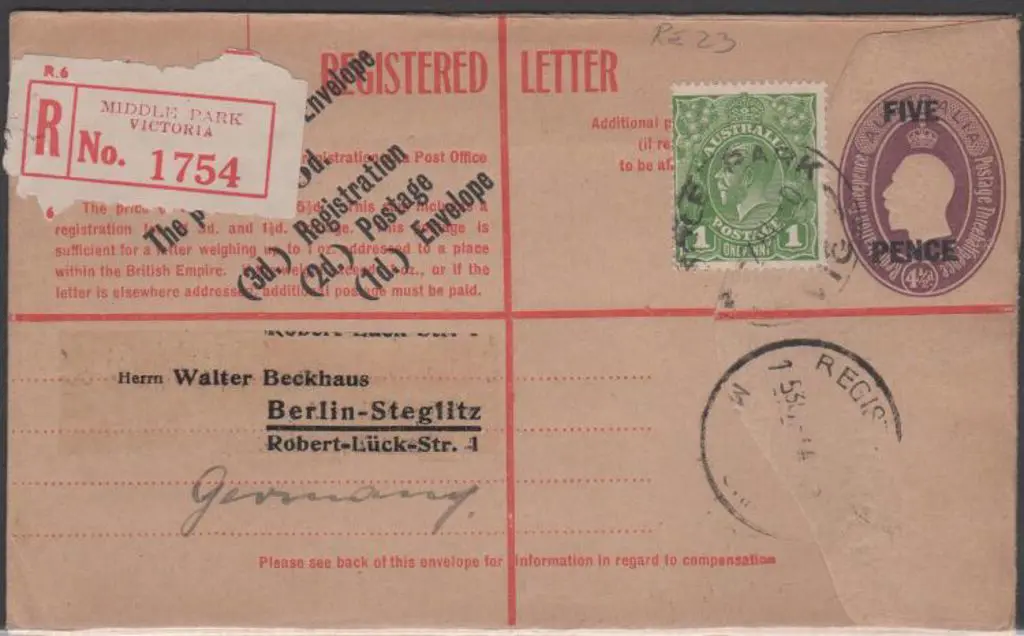 1930 (8th Aug) "FIVE PENCE" on 4½d KGV embossed ... Image 1++