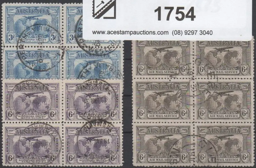 1931 3d blue, 6d violet blocks of 4 & 6d sepia Air ... Image 1++