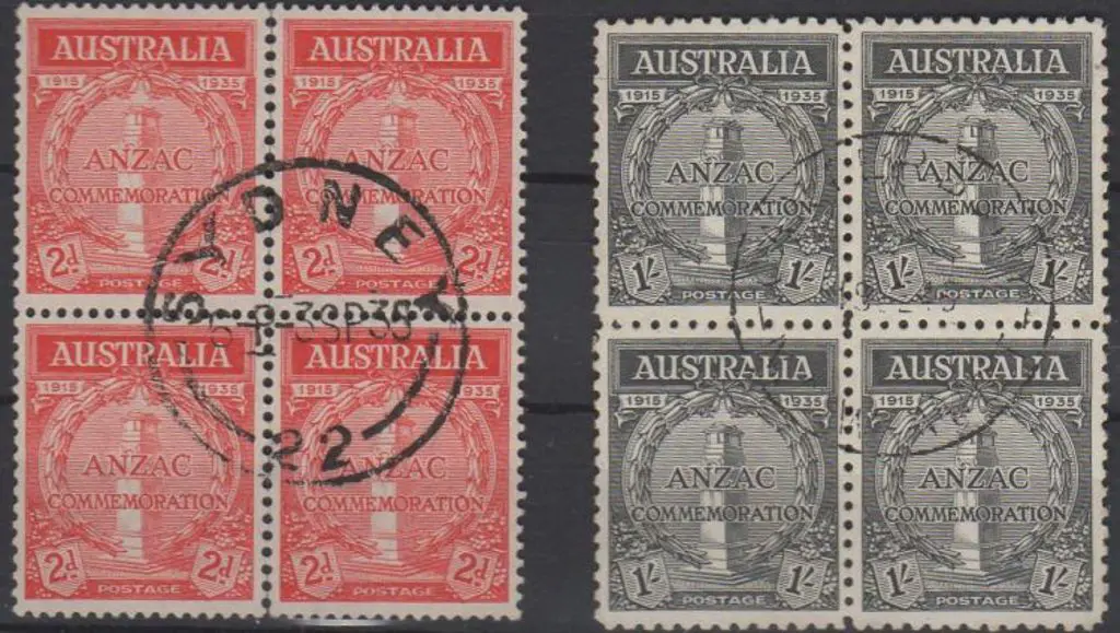 1935 2d & 1/- Anzac pair in F/U  blocks of 4 with ... Image 1++