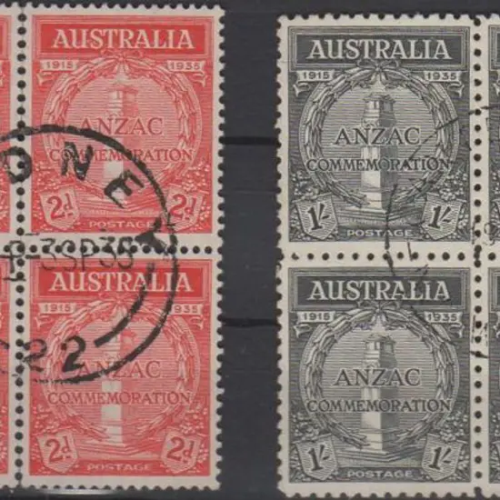 1935 2d & 1/- Anzac pair in F/U  blocks of 4 with ...