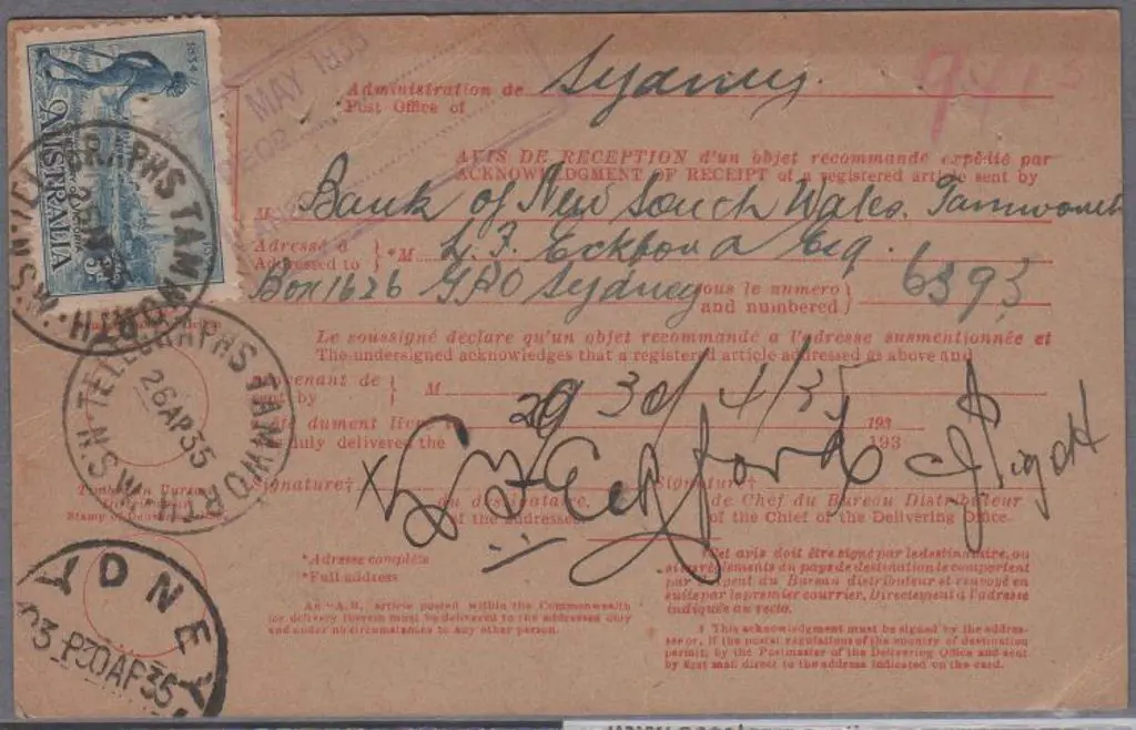 1935 (26th April) AVIS DE RECEPTION PMG's Receipt ... Image 1++