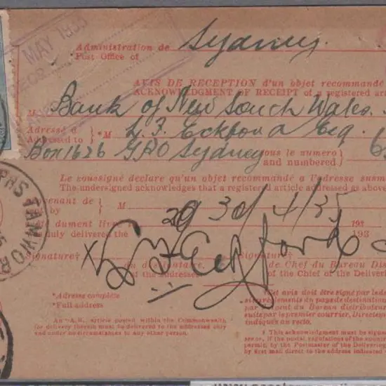 1935 (26th April) AVIS DE RECEPTION PMG's Receipt ...