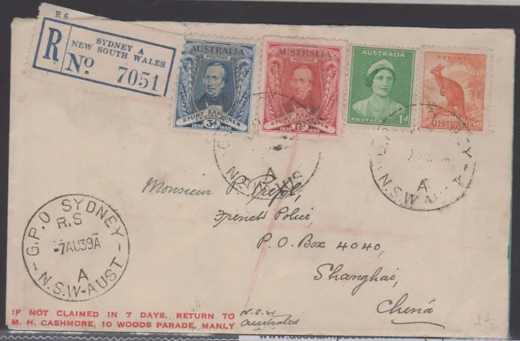 1939 (7th Aug) Sydney Regd cover to Shanghai with ... Image 1++