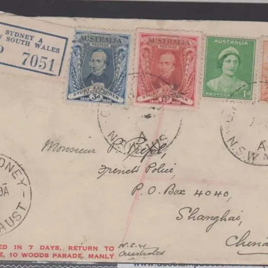 1939 (7th Aug) Sydney Regd cover to Shanghai with ...