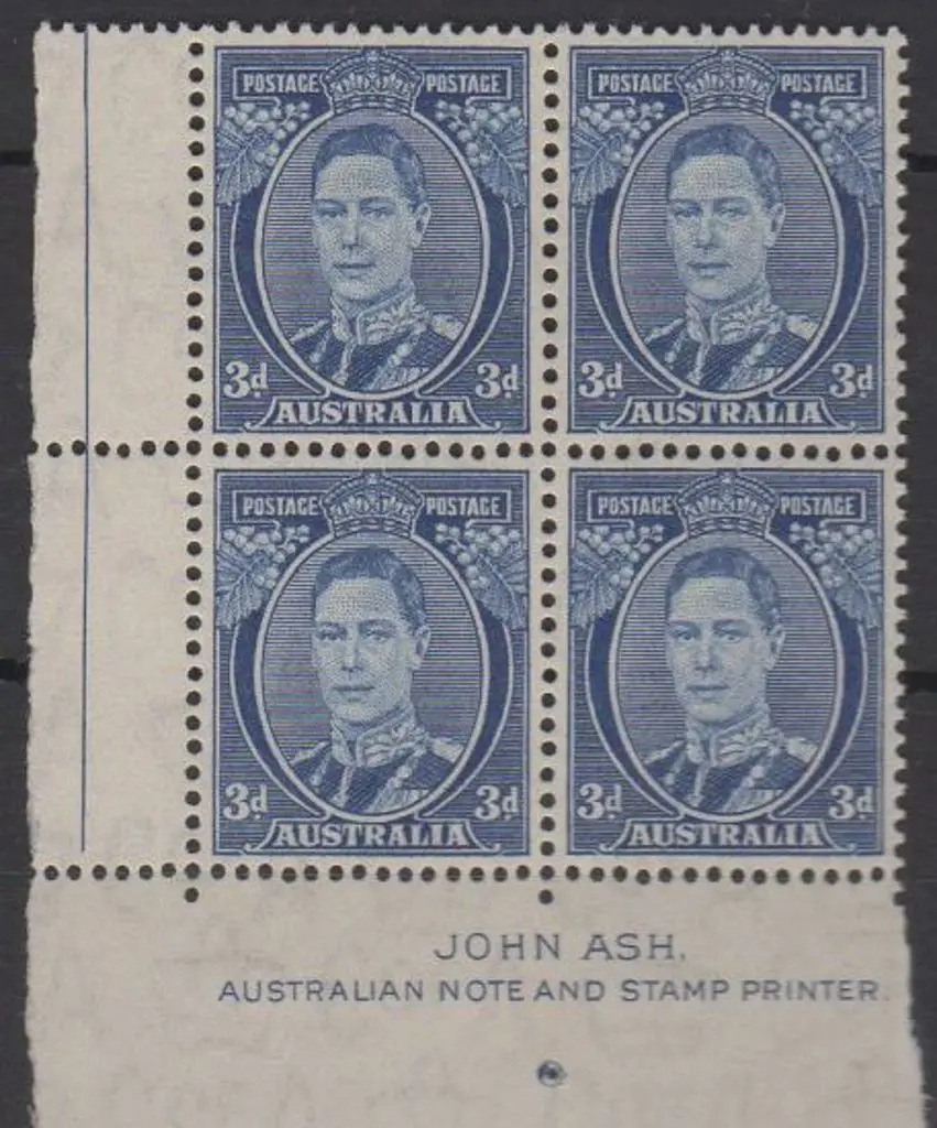 1940 3d blue Die III perf. 15x13 Ash imprint block ... Image 1++