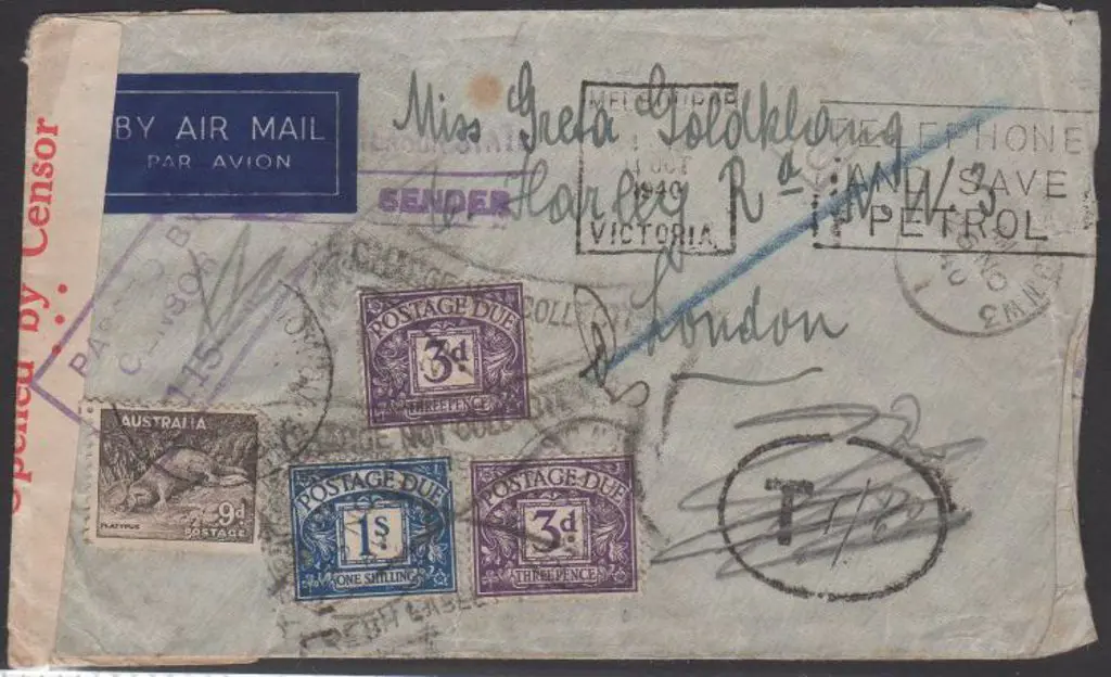 1940 (14th Oct) Censored & taxed airmail cover to ... Image 1++