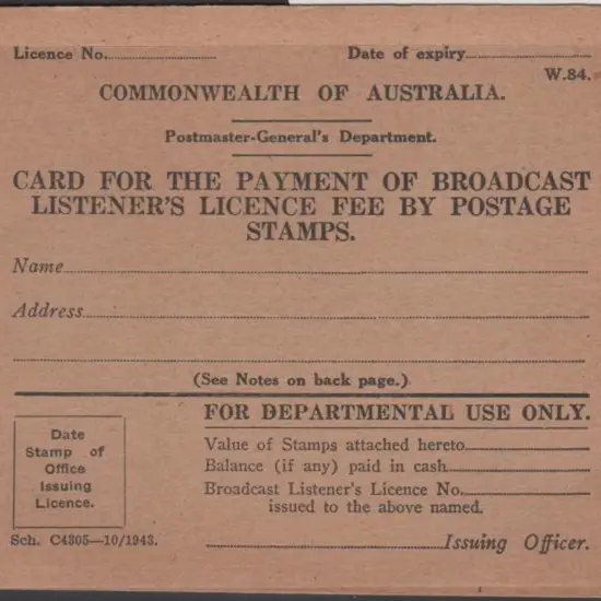 1943 PMG Dept. "Card for the Payment of Broadcast ...