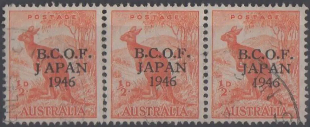 1946 ½d Kangaroo F/U strip of 3 ovptd BCOF with ... Image 1++
