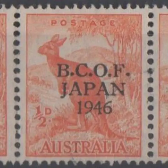 1946 ½d Kangaroo F/U strip of 3 ovptd BCOF with ...